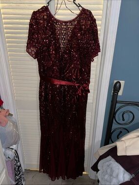 Elegant Burgundy Sequin Long Sleeve Formal Dress with Satin Waist Sash